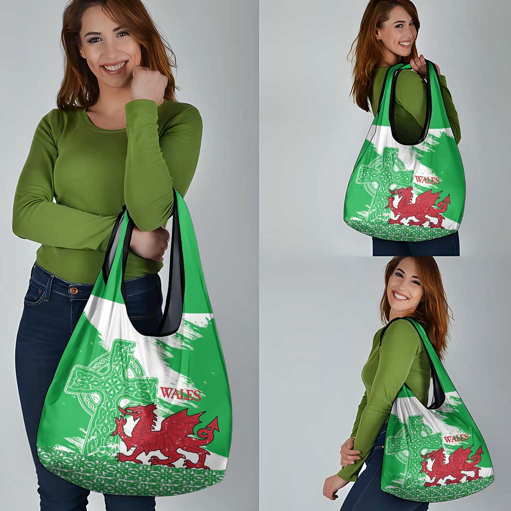 Grunge Green Wales Grocery Bag Celtic Cross Welsh Red Dragon - Wonder Print Shop
