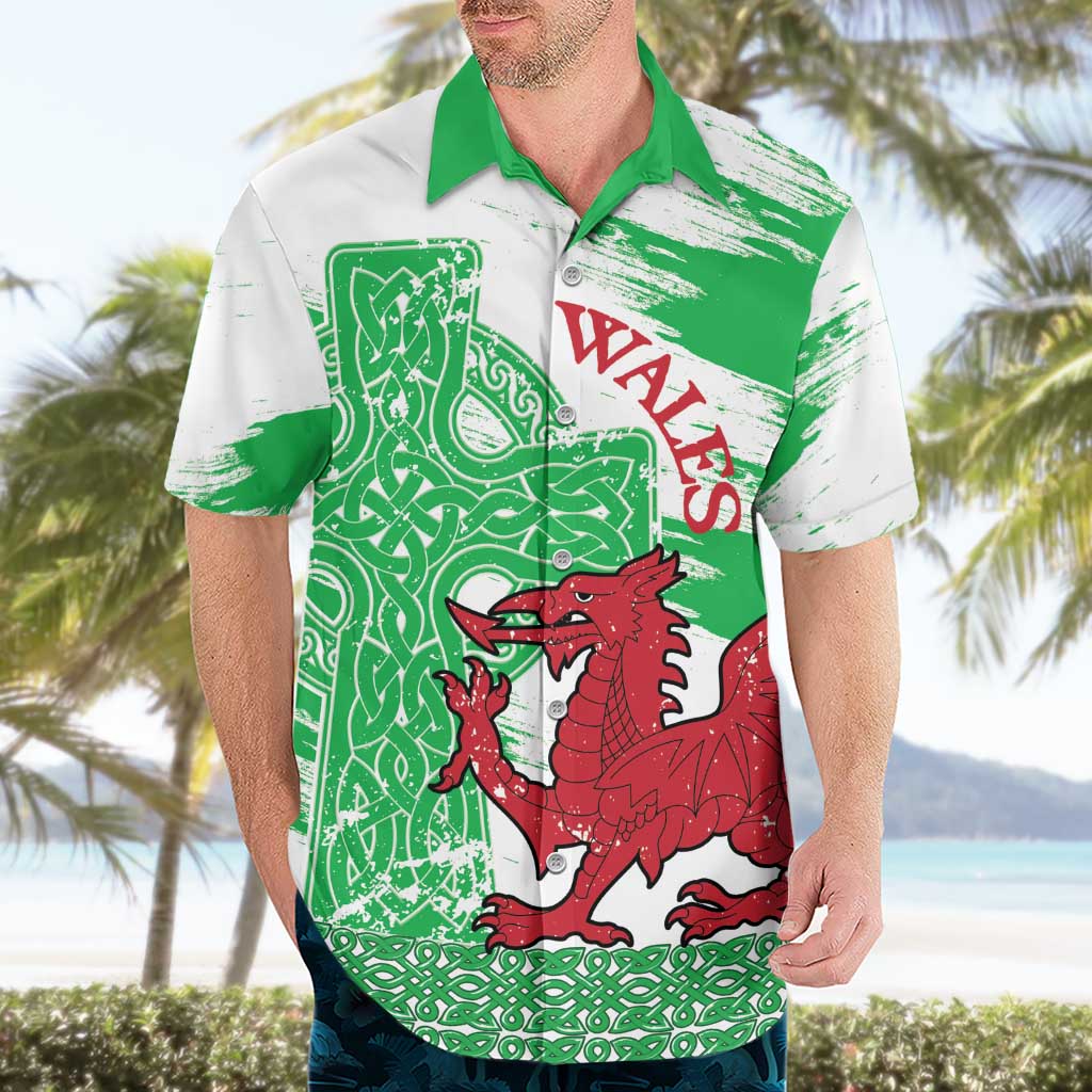 Grunge Green Wales Hawaiian Shirt Celtic Cross Welsh Red Dragon - Wonder Print Shop
