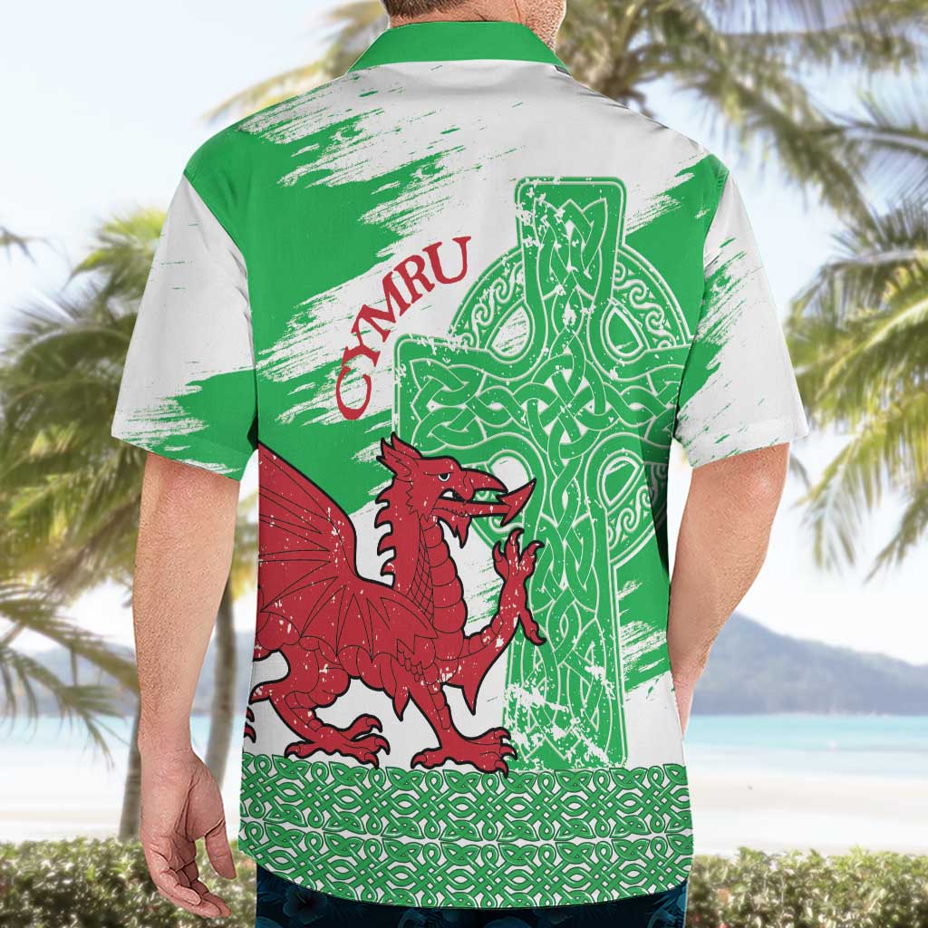 Grunge Green Wales Hawaiian Shirt Celtic Cross Welsh Red Dragon - Wonder Print Shop