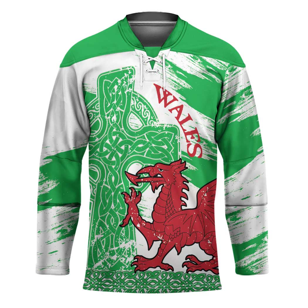 Grunge Green Wales Hockey Jersey Celtic Cross Welsh Red Dragon - Wonder Print Shop