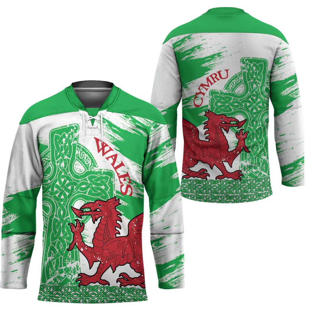 Grunge Green Wales Hockey Jersey Celtic Cross Welsh Red Dragon - Wonder Print Shop