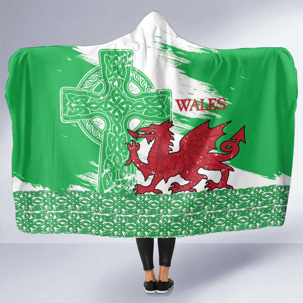 Grunge Green Wales Hooded Blanket Celtic Cross Welsh Red Dragon - Wonder Print Shop