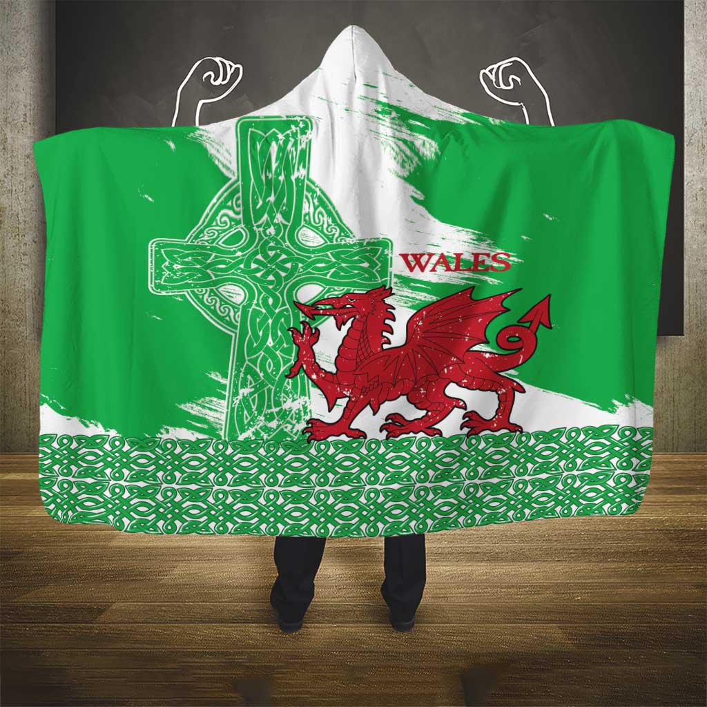 Grunge Green Wales Hooded Blanket Celtic Cross Welsh Red Dragon - Wonder Print Shop