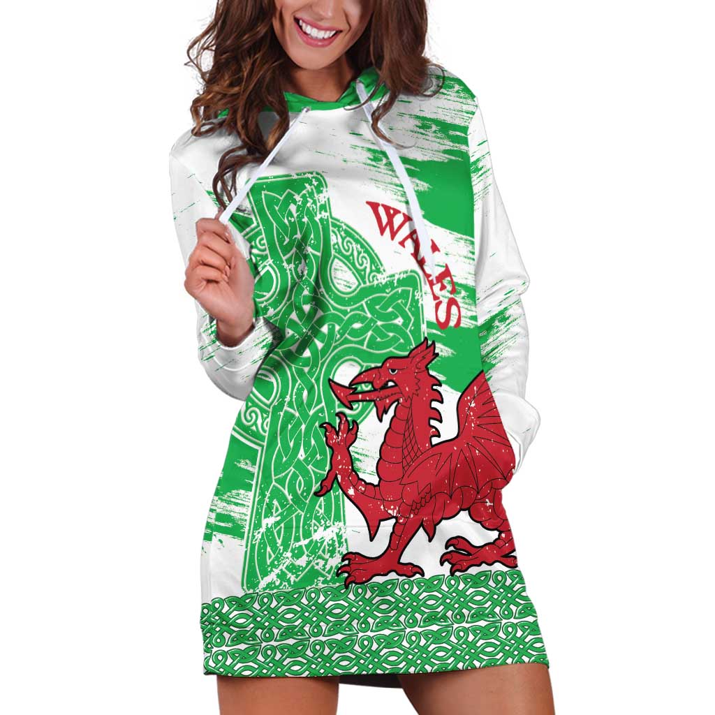 Grunge Green Wales Hoodie Dress Celtic Cross Welsh Red Dragon - Wonder Print Shop