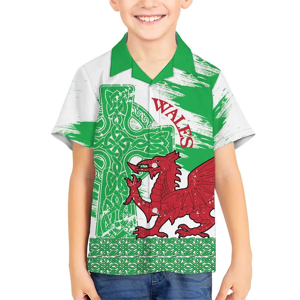 Grunge Green Wales Kid Hawaiian Shirt Celtic Cross Welsh Red Dragon - Wonder Print Shop