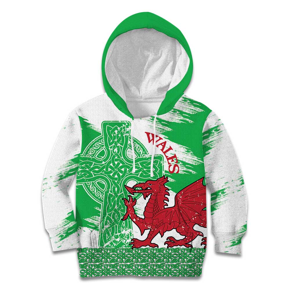 Grunge Green Wales Kid Hoodie Celtic Cross Welsh Red Dragon - Wonder Print Shop