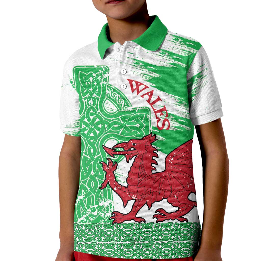 Grunge Green Wales Kid Polo Shirt Celtic Cross Welsh Red Dragon - Wonder Print Shop