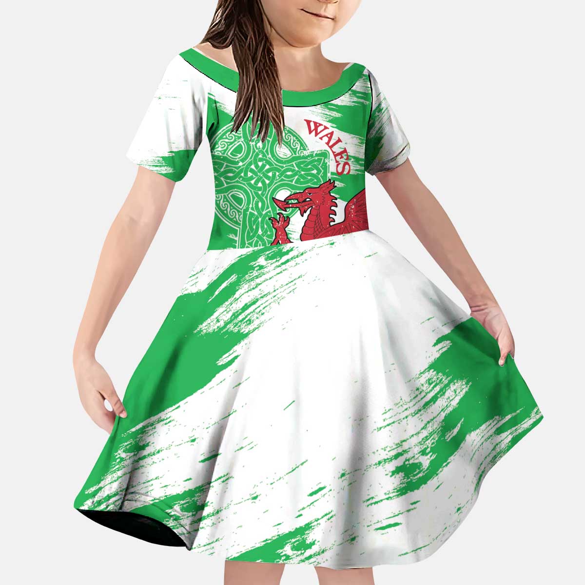 Grunge Green Wales Kid Short Sleeve Dress Celtic Cross Welsh Red Dragon - Wonder Print Shop
