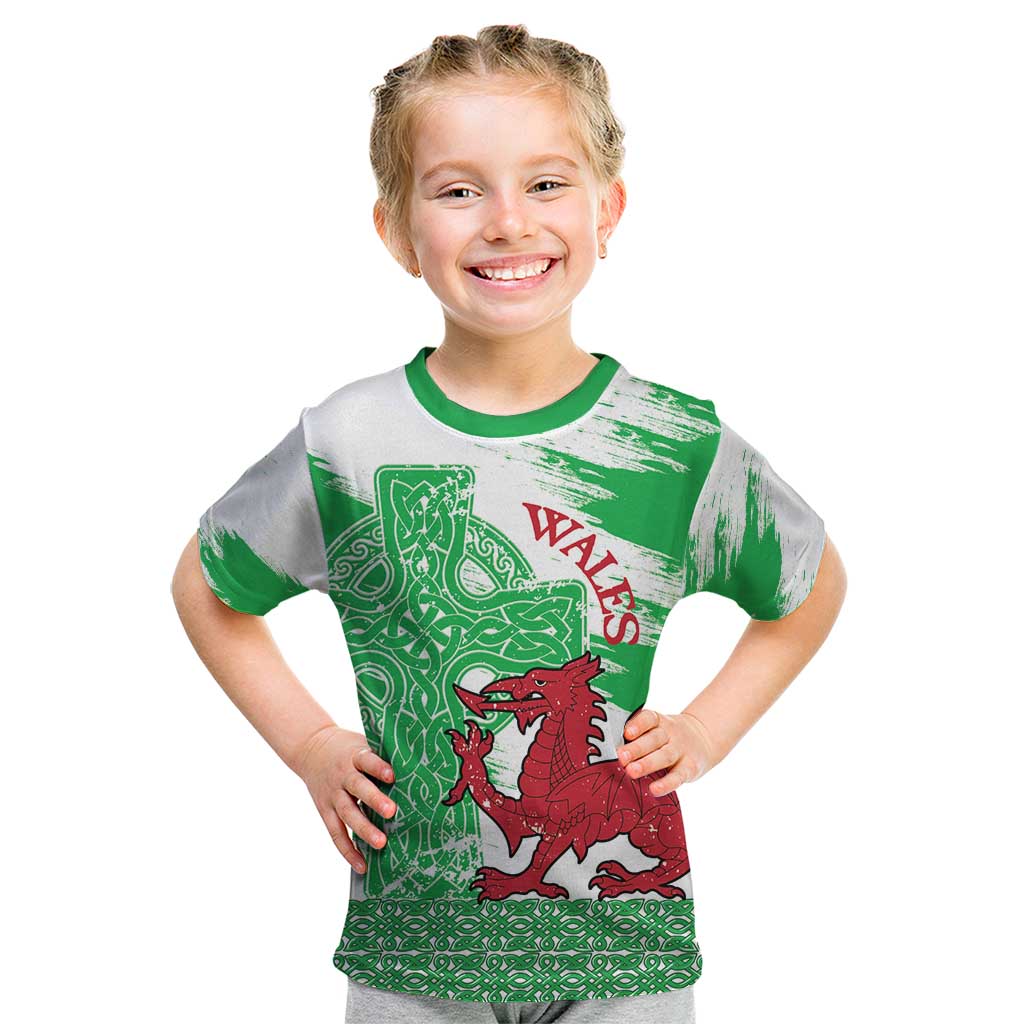 Grunge Green Wales Kid T Shirt Celtic Cross Welsh Red Dragon - Wonder Print Shop