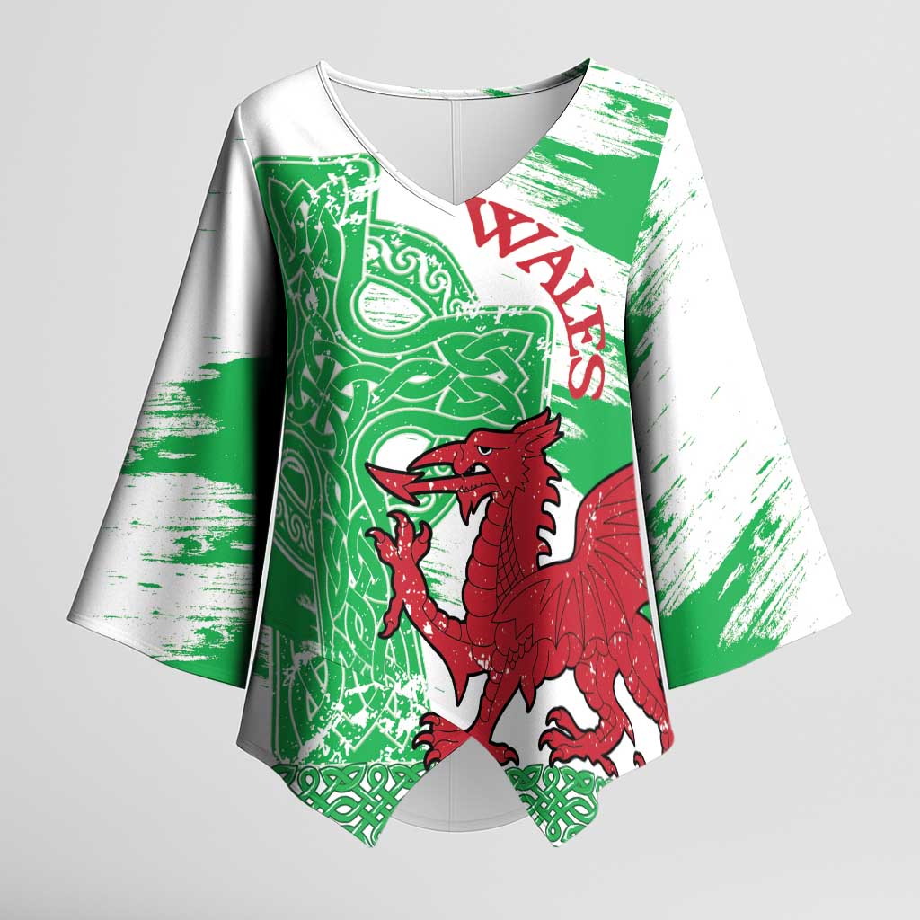 Grunge Green Wales Kimono Sleeve Blouse Celtic Cross Welsh Red Dragon - Wonder Print Shop