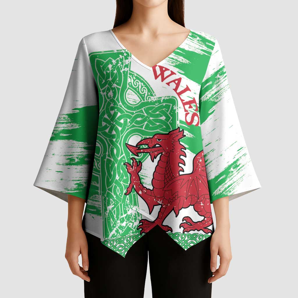 Grunge Green Wales Kimono Sleeve Blouse Celtic Cross Welsh Red Dragon - Wonder Print Shop