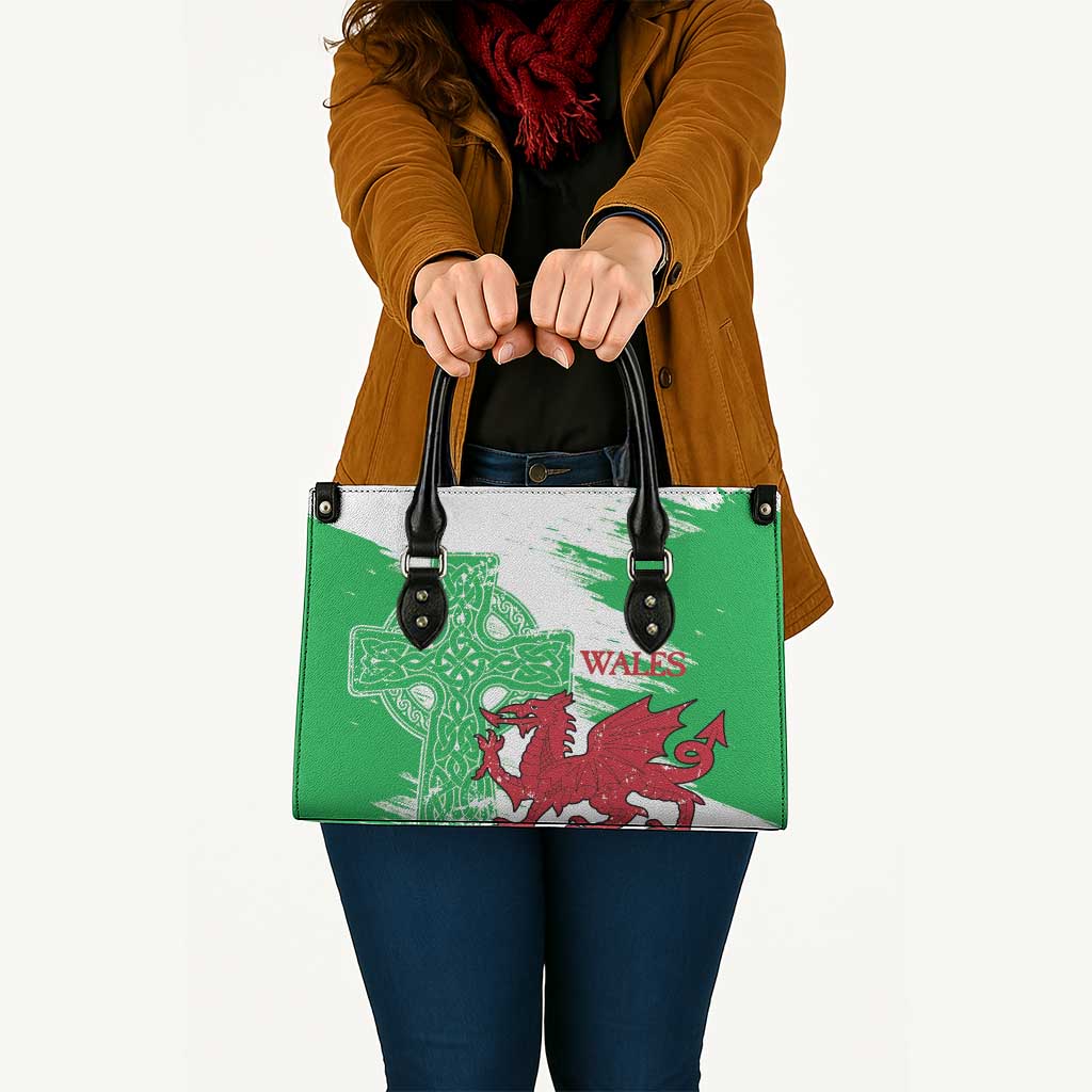 Grunge Green Wales Leather Bag Celtic Cross Welsh Red Dragon - Wonder Print Shop