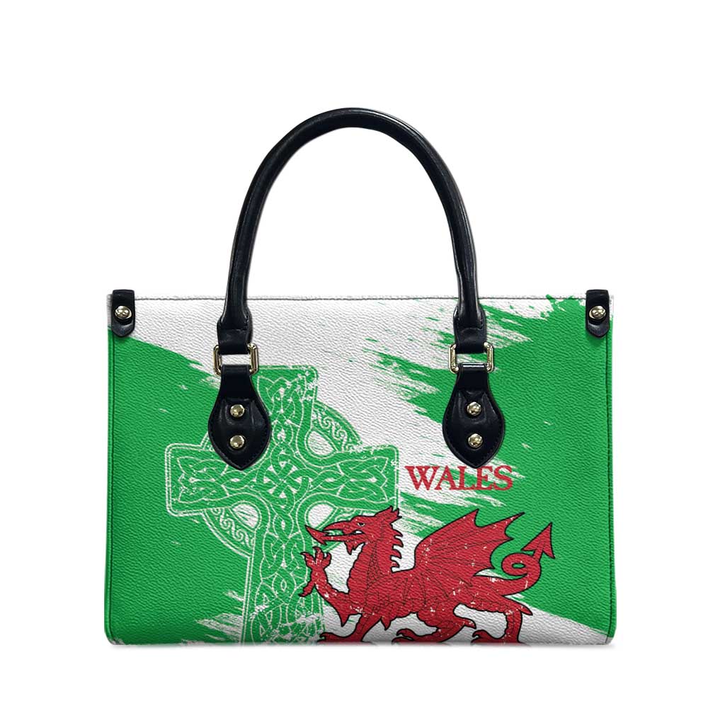 Grunge Green Wales Leather Bag Celtic Cross Welsh Red Dragon - Wonder Print Shop