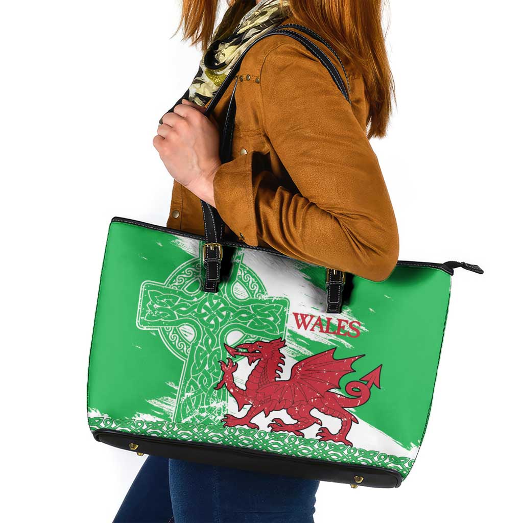 Grunge Green Wales Leather Tote Bag Celtic Cross Welsh Red Dragon - Wonder Print Shop