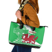 Grunge Green Wales Leather Tote Bag Celtic Cross Welsh Red Dragon - Wonder Print Shop