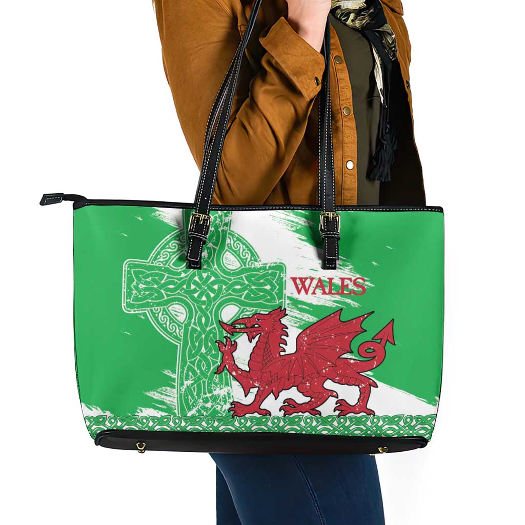 Grunge Green Wales Leather Tote Bag Celtic Cross Welsh Red Dragon - Wonder Print Shop