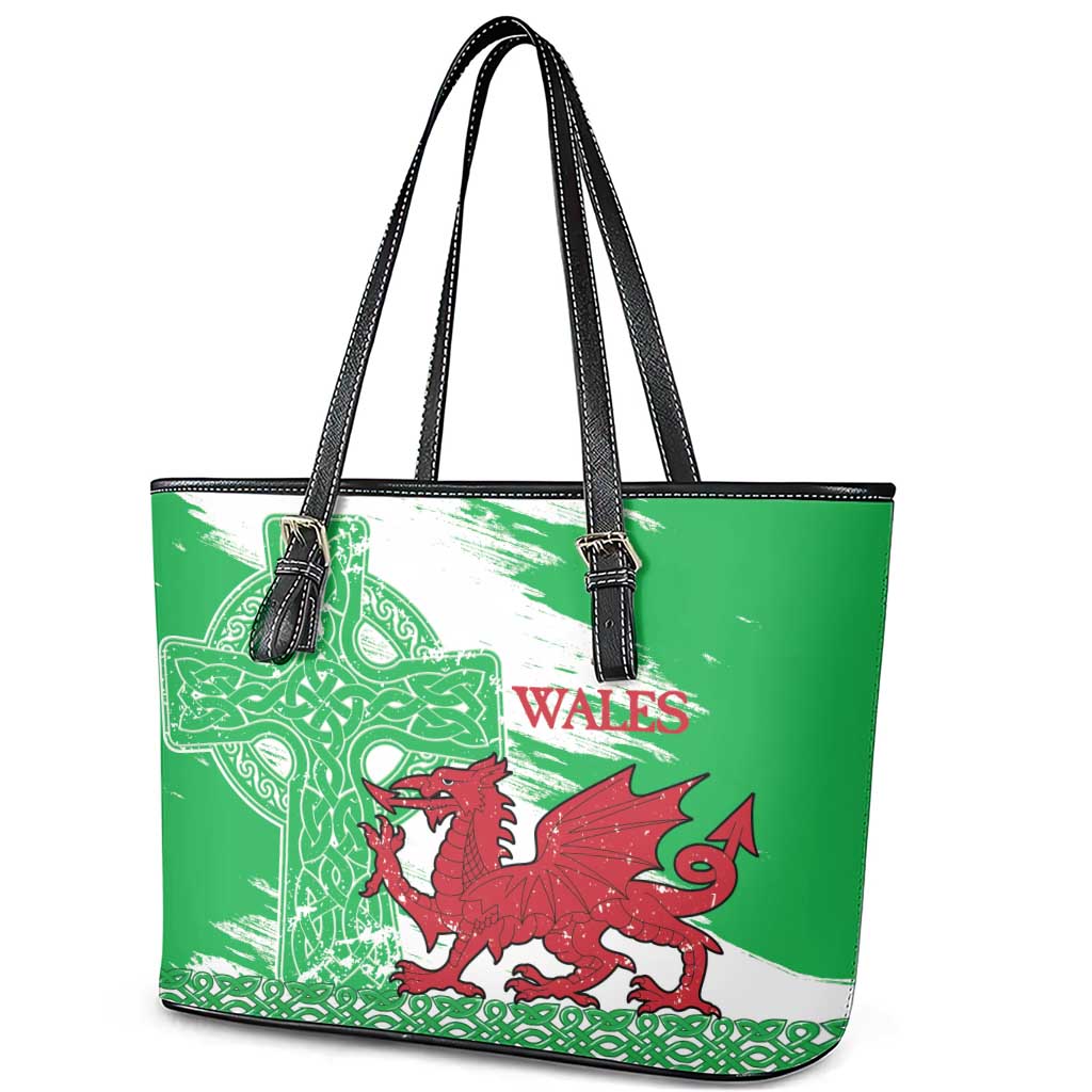 Grunge Green Wales Leather Tote Bag Celtic Cross Welsh Red Dragon - Wonder Print Shop