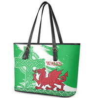 Grunge Green Wales Leather Tote Bag Celtic Cross Welsh Red Dragon - Wonder Print Shop