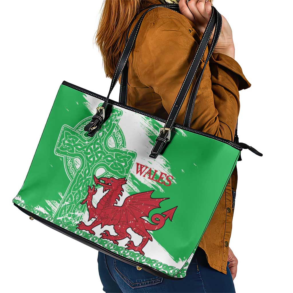 Grunge Green Wales Leather Tote Bag Celtic Cross Welsh Red Dragon - Wonder Print Shop