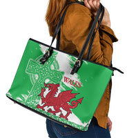 Grunge Green Wales Leather Tote Bag Celtic Cross Welsh Red Dragon - Wonder Print Shop