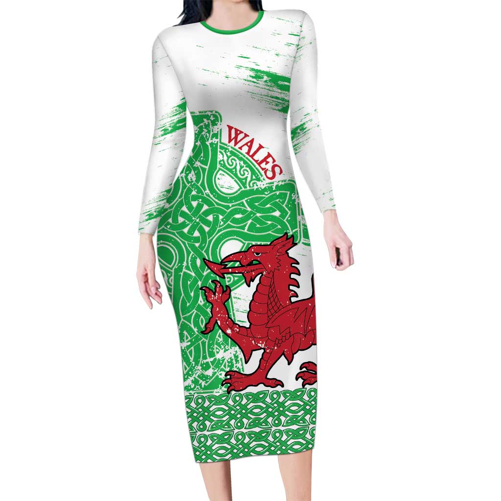Grunge Green Wales Long Sleeve Bodycon Dress Celtic Cross Welsh Red Dragon - Wonder Print Shop