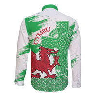 Grunge Green Wales Long Sleeve Button Shirt Celtic Cross Welsh Red Dragon - Wonder Print Shop