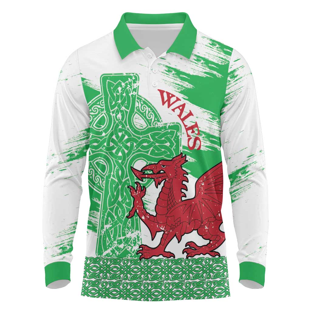 Grunge Green Wales Long Sleeve Polo Shirt Celtic Cross Welsh Red Dragon - Wonder Print Shop