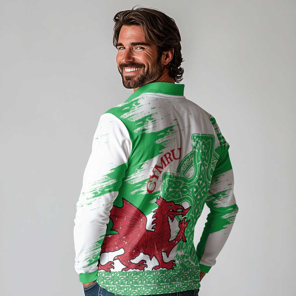 Grunge Green Wales Long Sleeve Polo Shirt Celtic Cross Welsh Red Dragon - Wonder Print Shop