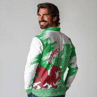 Grunge Green Wales Long Sleeve Polo Shirt Celtic Cross Welsh Red Dragon - Wonder Print Shop