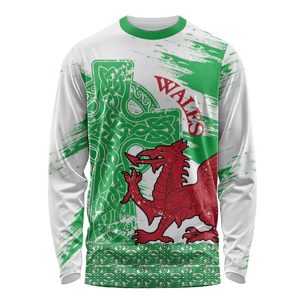 Grunge Green Wales Long Sleeve Shirt Celtic Cross Welsh Red Dragon - Wonder Print Shop