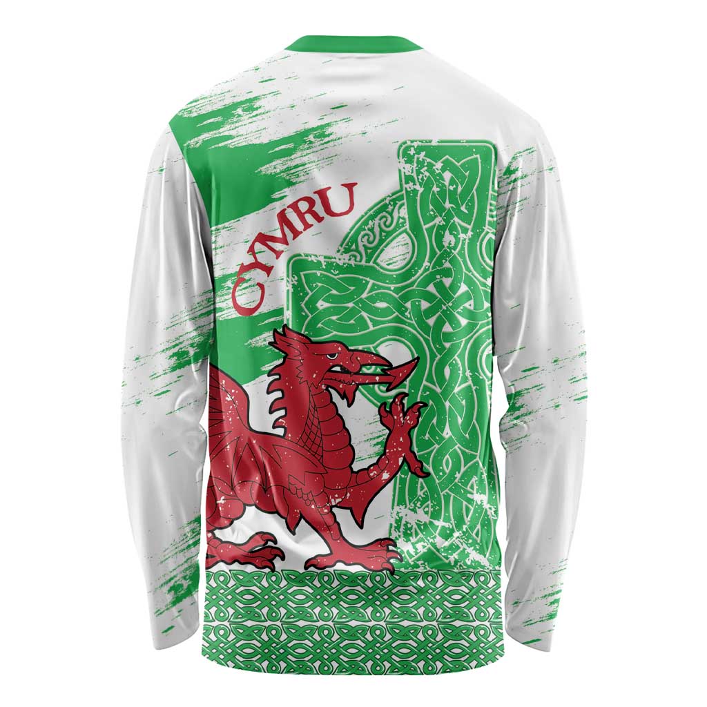 Grunge Green Wales Long Sleeve Shirt Celtic Cross Welsh Red Dragon - Wonder Print Shop
