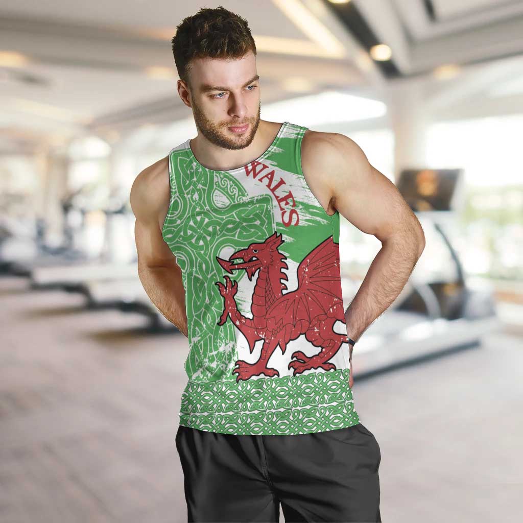 Grunge Green Wales Men Tank Top Celtic Cross Welsh Red Dragon - Wonder Print Shop