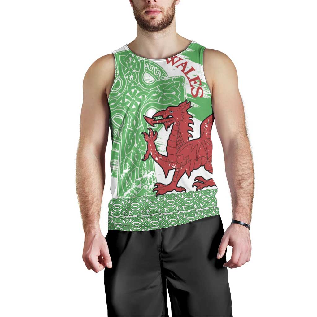 Grunge Green Wales Men Tank Top Celtic Cross Welsh Red Dragon - Wonder Print Shop