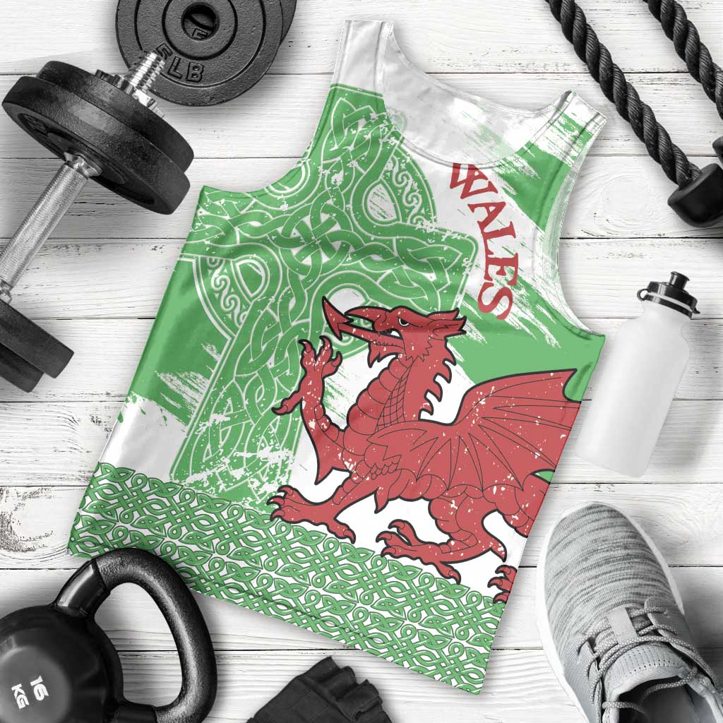 Grunge Green Wales Men Tank Top Celtic Cross Welsh Red Dragon - Wonder Print Shop