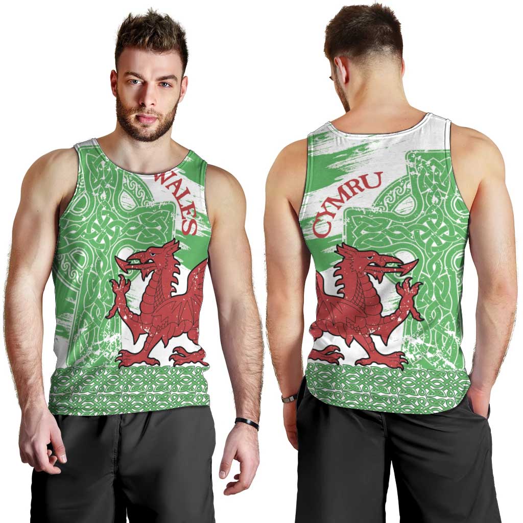 Grunge Green Wales Men Tank Top Celtic Cross Welsh Red Dragon - Wonder Print Shop