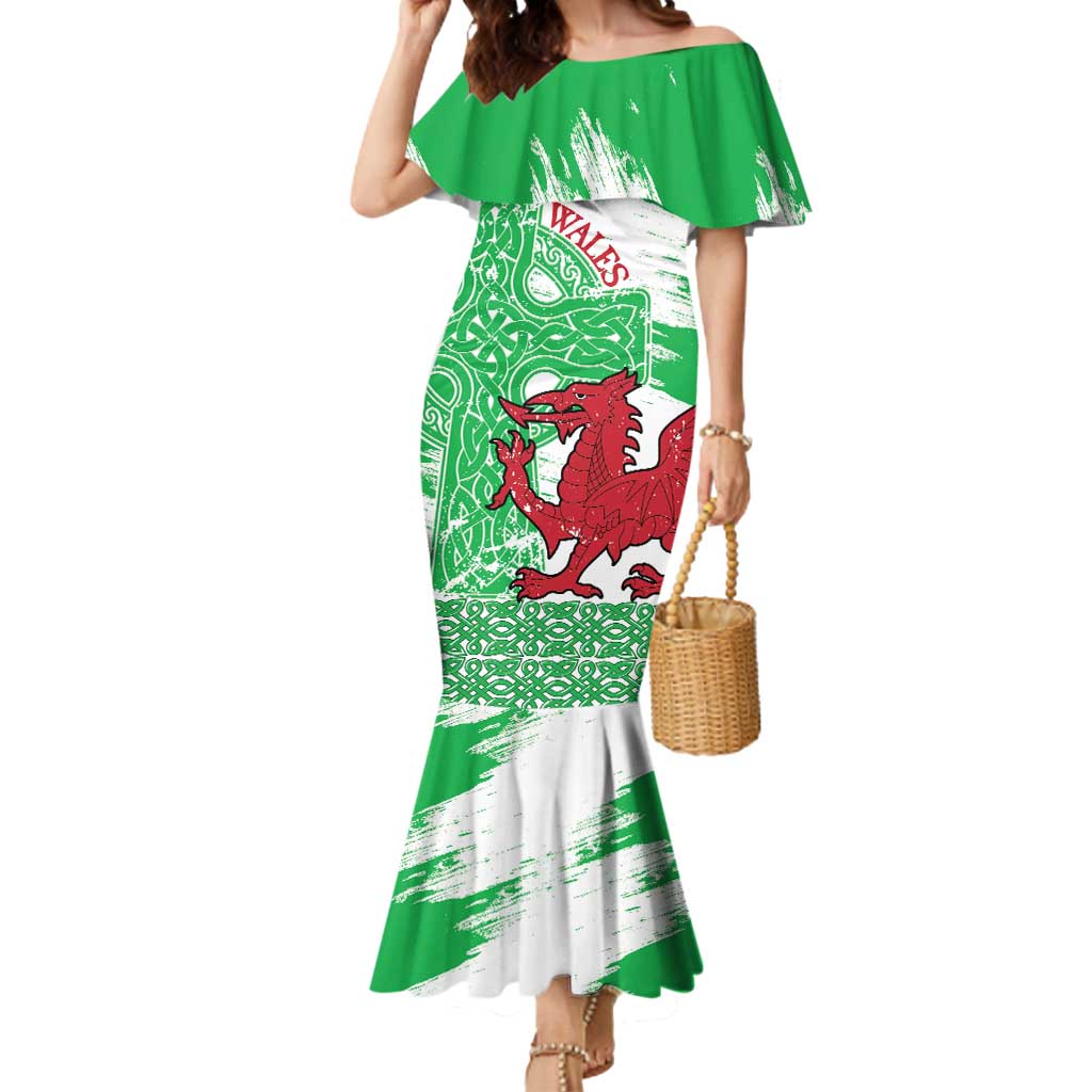 Grunge Green Wales Mermaid Dress Celtic Cross Welsh Red Dragon - Wonder Print Shop