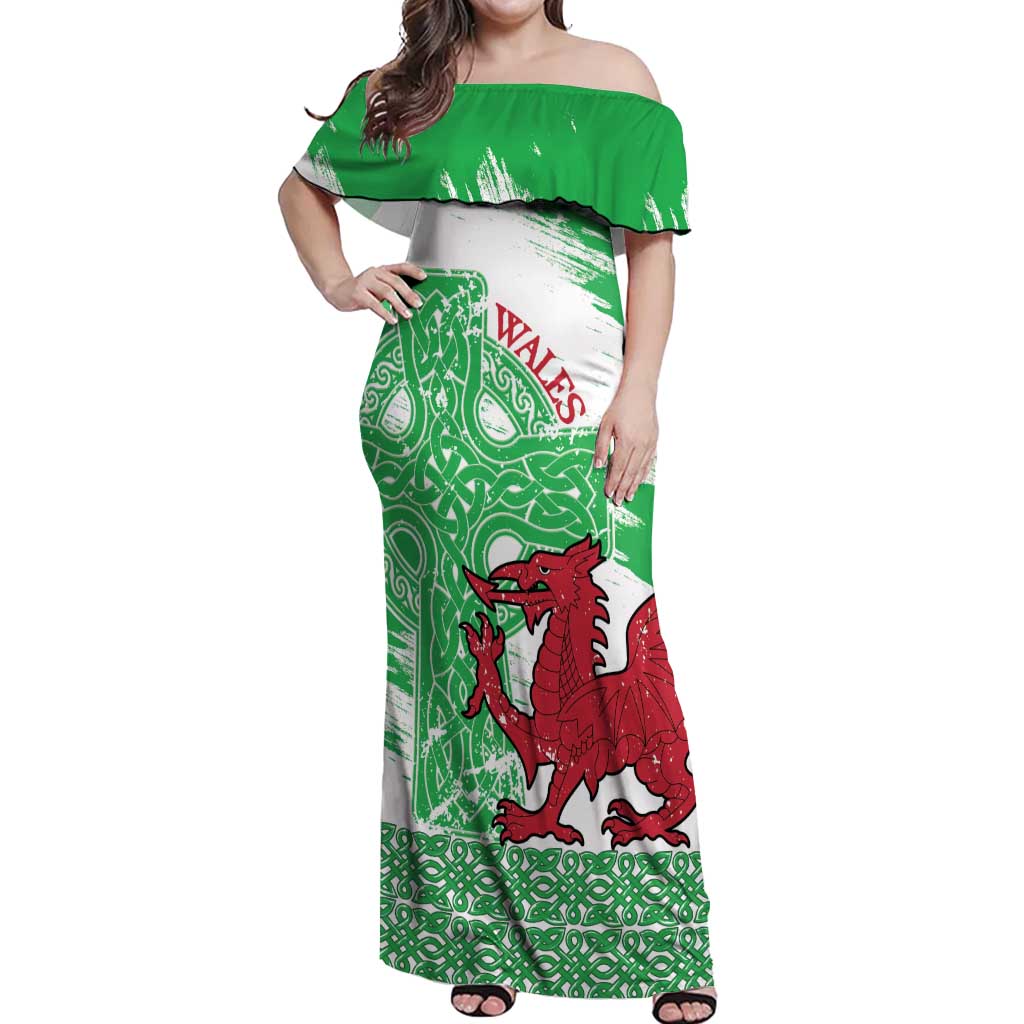 Grunge Green Wales Off Shoulder Maxi Dress Celtic Cross Welsh Red Dragon - Wonder Print Shop