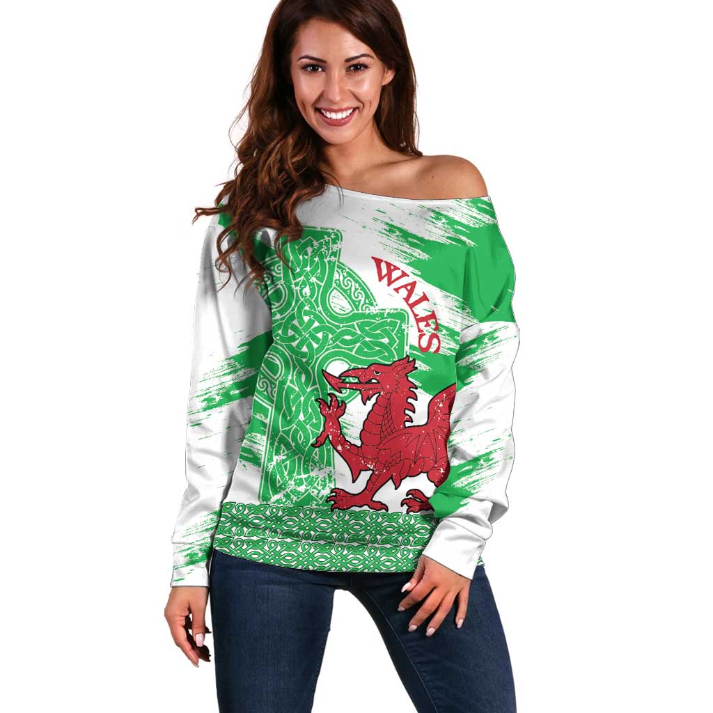 Grunge Green Wales Off Shoulder Sweater Celtic Cross Welsh Red Dragon - Wonder Print Shop