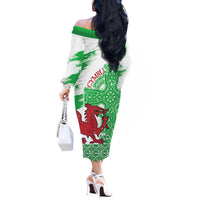 Grunge Green Wales Off The Shoulder Long Sleeve Dress Celtic Cross Welsh Red Dragon - Wonder Print Shop
