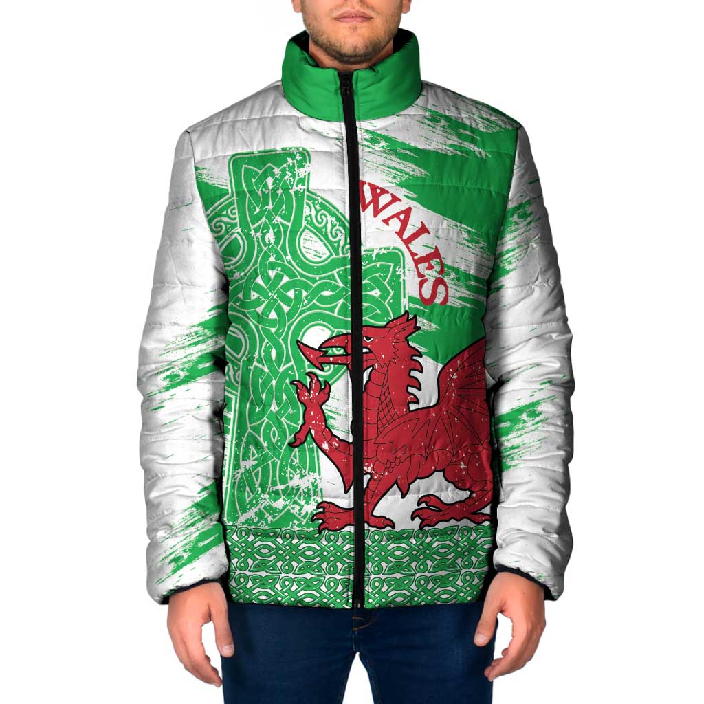 Grunge Green Wales Padded Jacket Celtic Cross Welsh Red Dragon - Wonder Print Shop