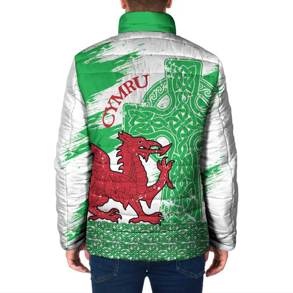 Grunge Green Wales Padded Jacket Celtic Cross Welsh Red Dragon - Wonder Print Shop
