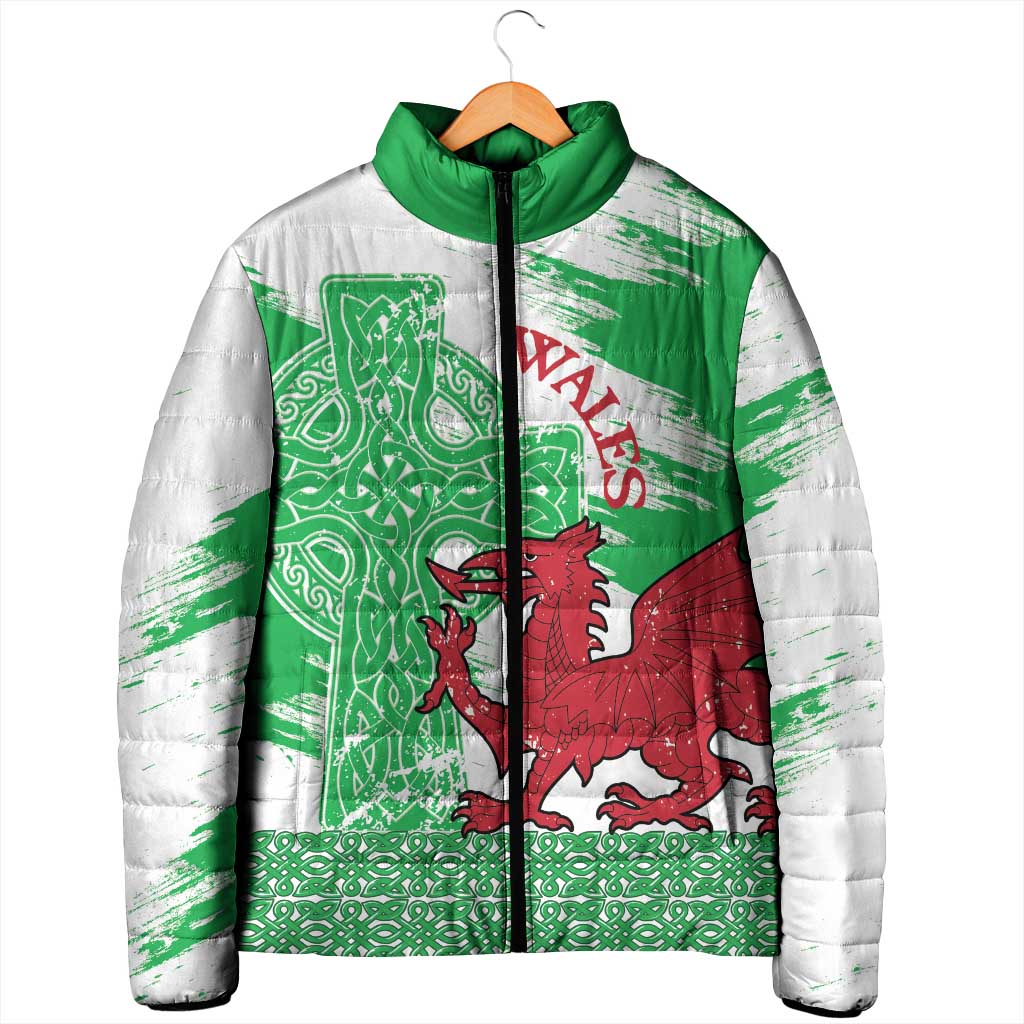 Grunge Green Wales Padded Jacket Celtic Cross Welsh Red Dragon - Wonder Print Shop