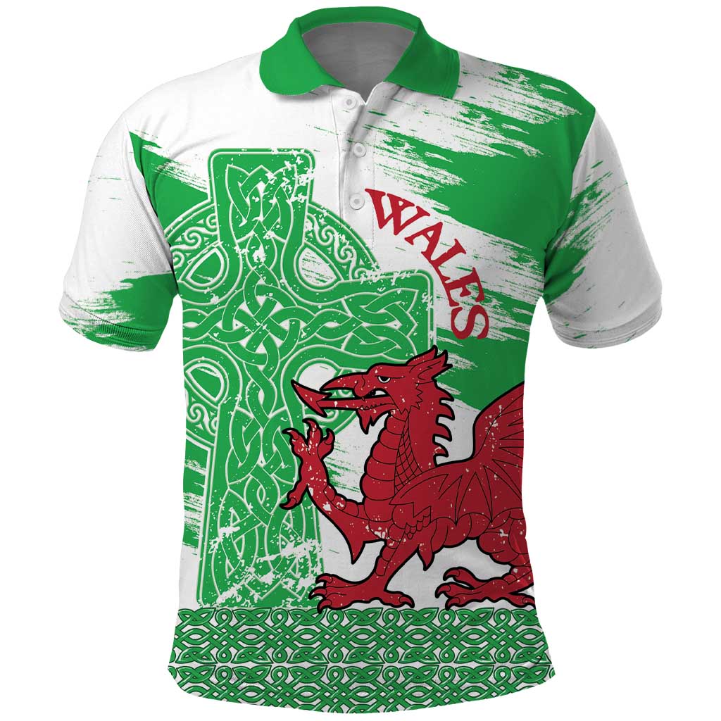 Grunge Green Wales Polo Shirt Celtic Cross Welsh Red Dragon - Wonder Print Shop