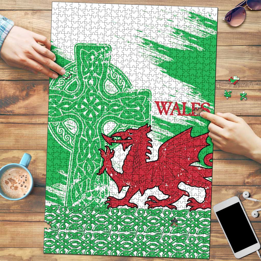 Grunge Green Wales Puzzle Celtic Cross Welsh Red Dragon - Wonder Print Shop