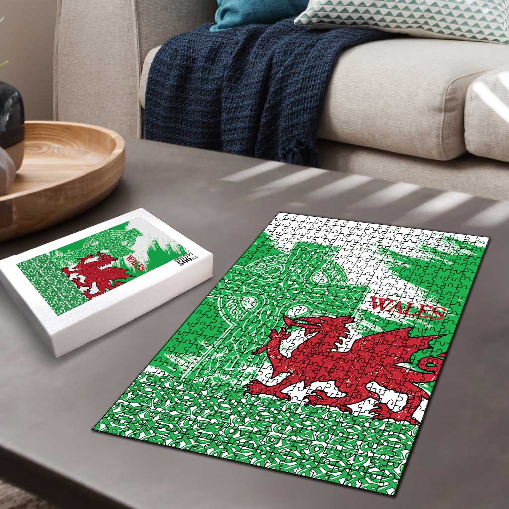 Grunge Green Wales Puzzle Celtic Cross Welsh Red Dragon - Wonder Print Shop