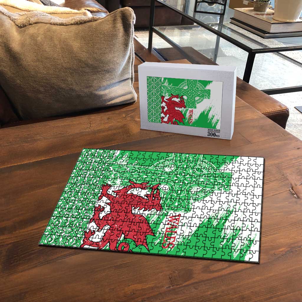 Grunge Green Wales Puzzle Celtic Cross Welsh Red Dragon - Wonder Print Shop