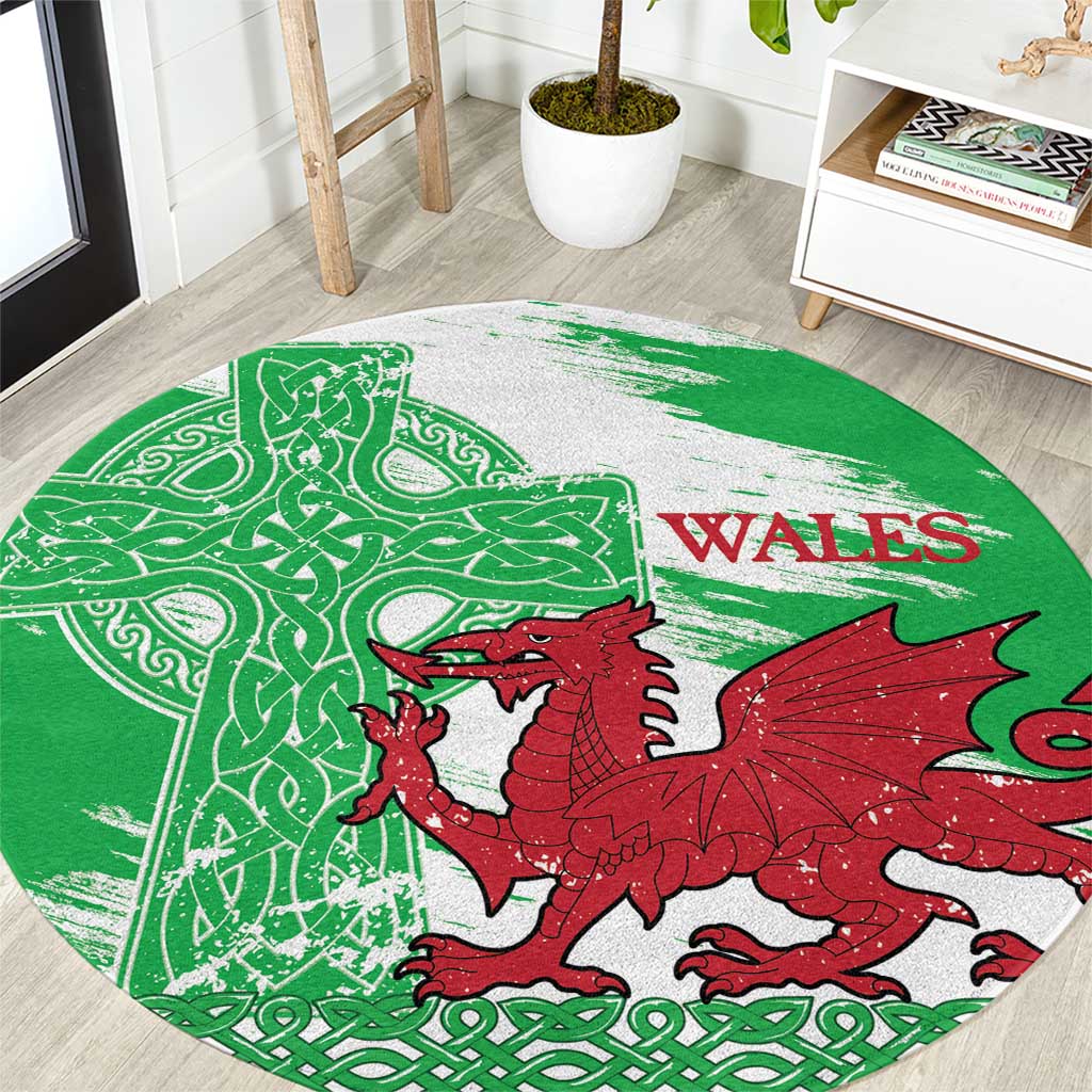 Grunge Green Wales Round Carpet Celtic Cross Welsh Red Dragon - Wonder Print Shop
