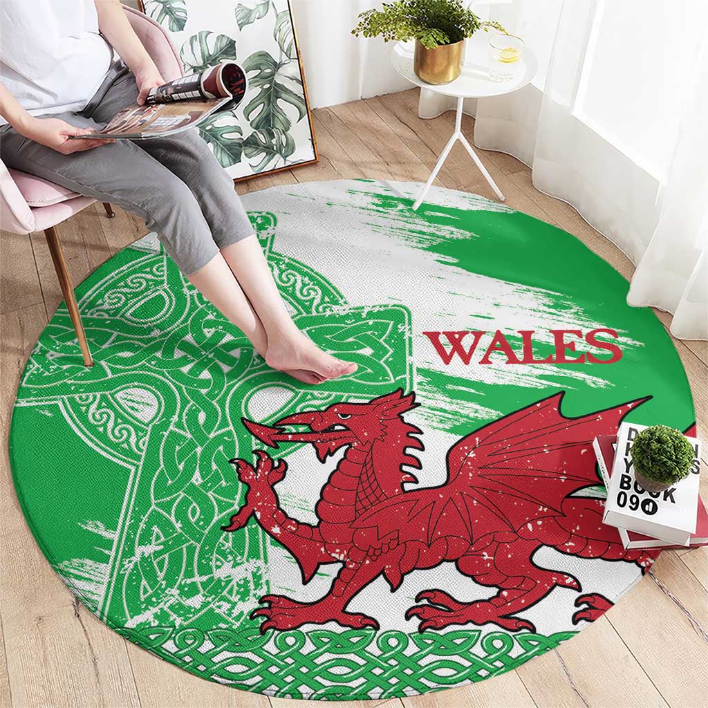 Grunge Green Wales Round Carpet Celtic Cross Welsh Red Dragon - Wonder Print Shop