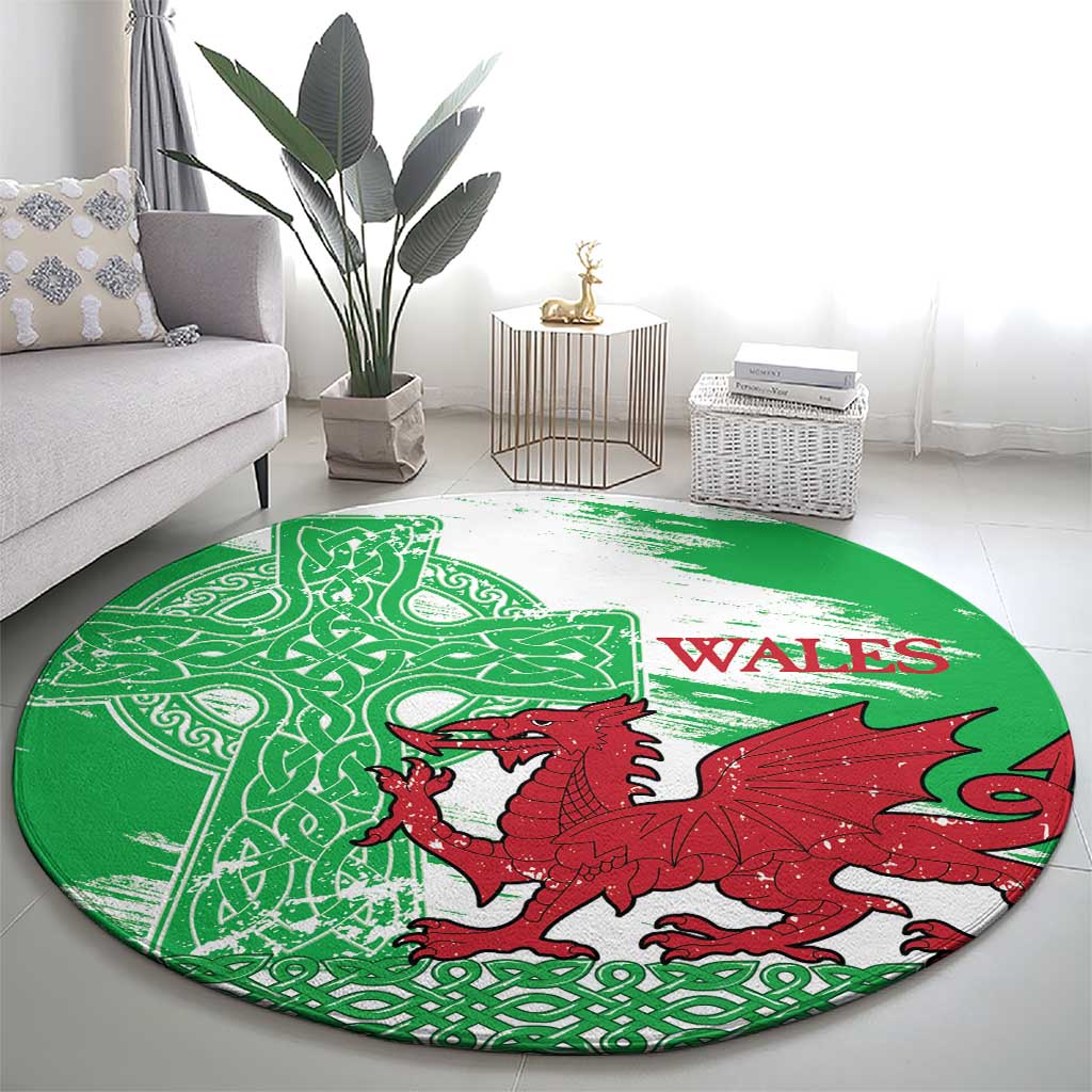 Grunge Green Wales Round Carpet Celtic Cross Welsh Red Dragon - Wonder Print Shop