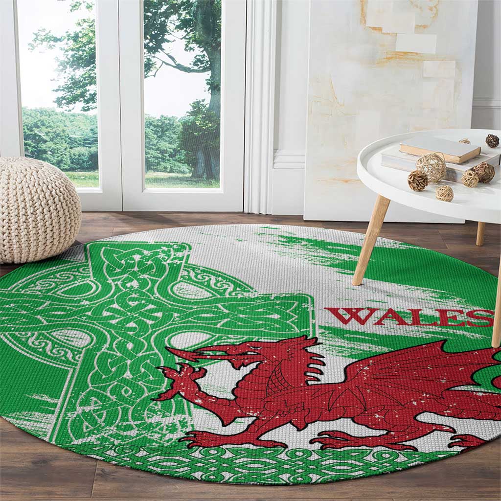 Grunge Green Wales Round Carpet Celtic Cross Welsh Red Dragon - Wonder Print Shop